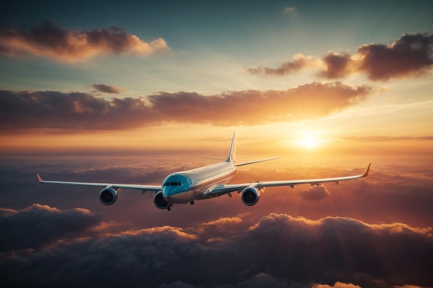 Passenger airplane flight approach in the clouds at sunset