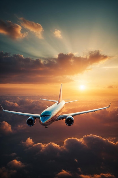 Passenger airplane flight approach in the clouds at sunset