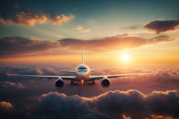 Passenger airplane flight approach in the clouds at sunset