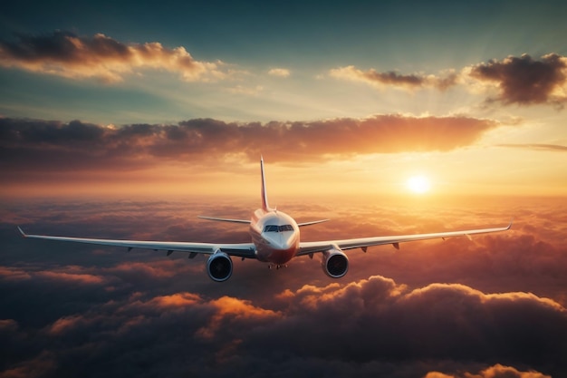 Passenger airplane flight approach in the clouds at sunset