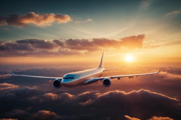 Passenger airplane flight approach in the clouds at sunset