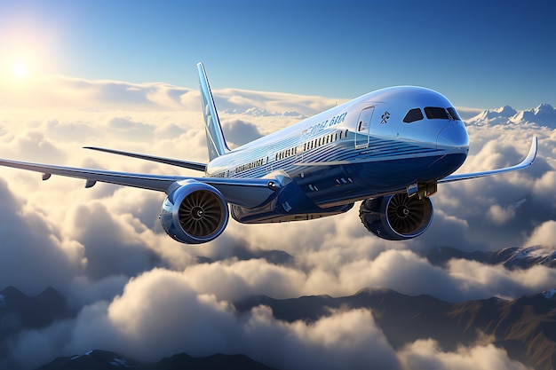 Passenger airplane flying in the sky at sunset 3D rendering