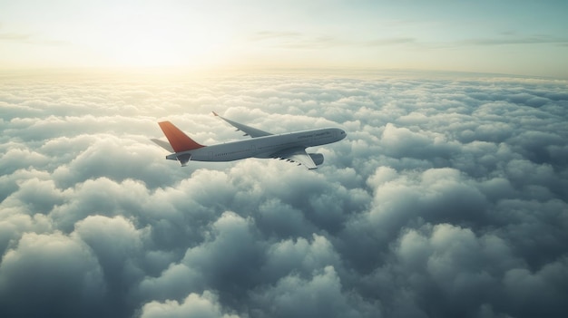 Passenger airplane flying above white clouds