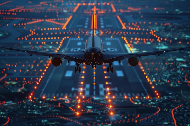 Photo passenger airplane landing on runway at night in busy airport