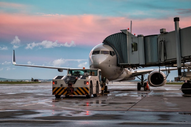 Passenger airplane and tow truck at the jet bridge. Front view