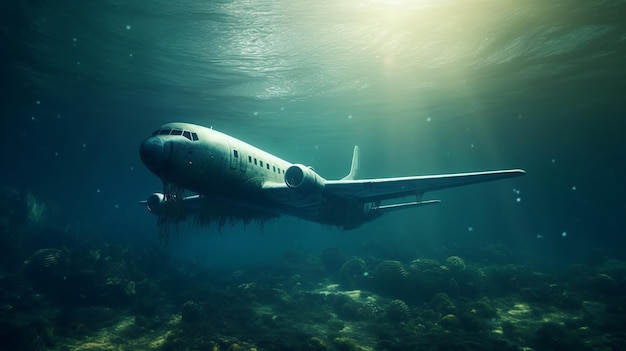 Passenger airplane at underwater Generative Ai