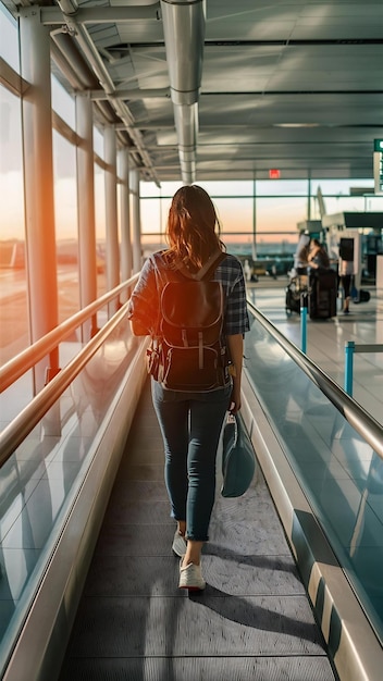 Photo passenger on airport moving walkway going to flight boarding gate