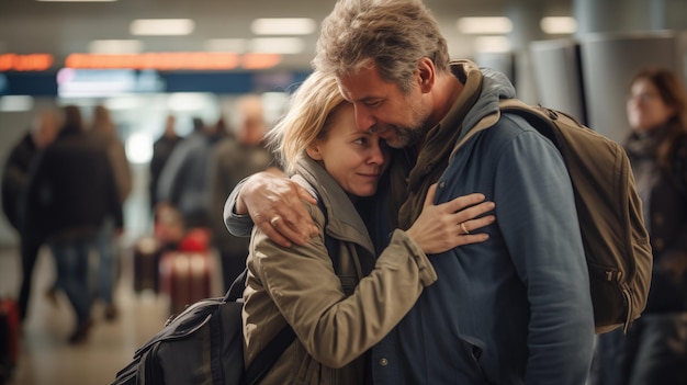 Photo passenger arrives reunites with loved ones at airportai generated