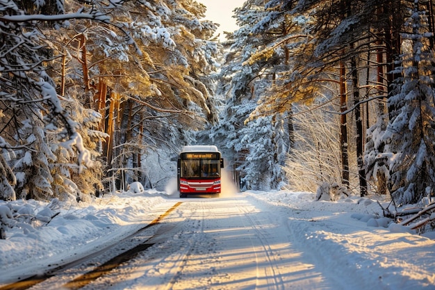 A passenger bus on a snowcovered road in a winter forest