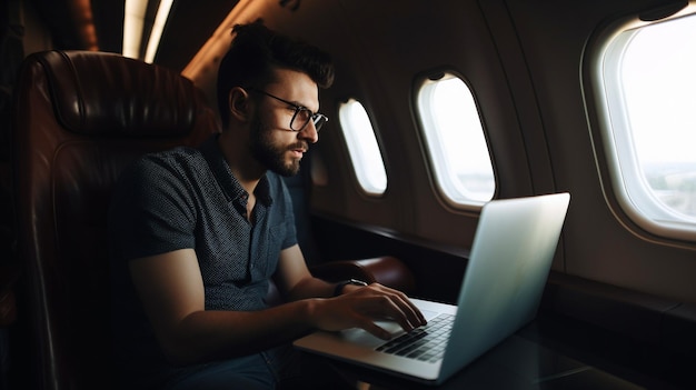 Passenger on a flight using a laptop Generative AI