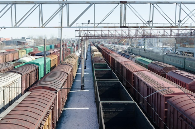 Passenger and freight rail transportation railway industryCars on the platform early in the morning