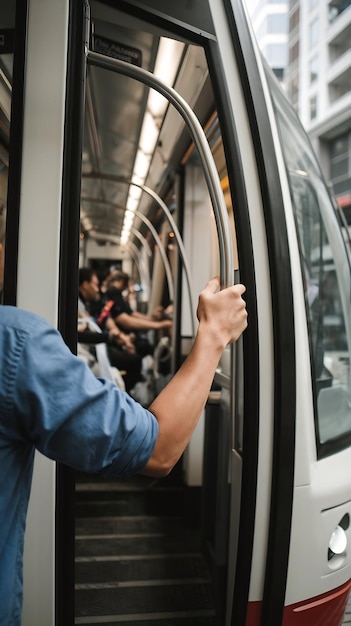 Photo passenger holding handgrip in tramway