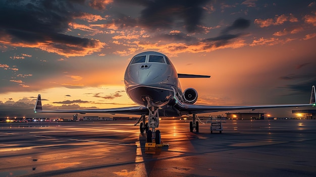 Passenger plane at the airport at sunset Closeup A plane with a sunset background is standing at the