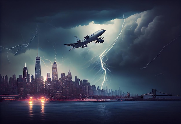 Passenger plane flies in a storm over the city Generate Ai