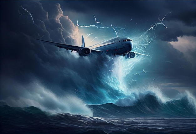 Passenger plane flies in a storm over the ocean Generate Ai