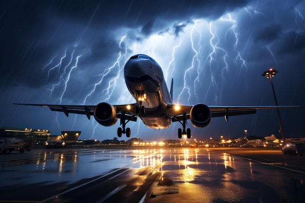 Passenger plane flies in a thunderstorm Generate Ai