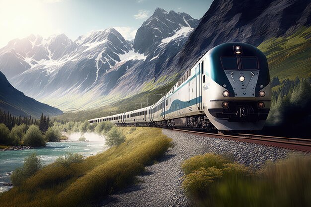 Passenger train passing through picturesque landscape with mountains in the background