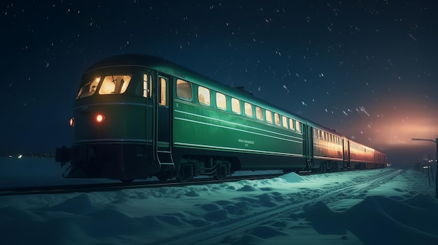 A passenger train rides in the arctic north in the snow against a backdrop