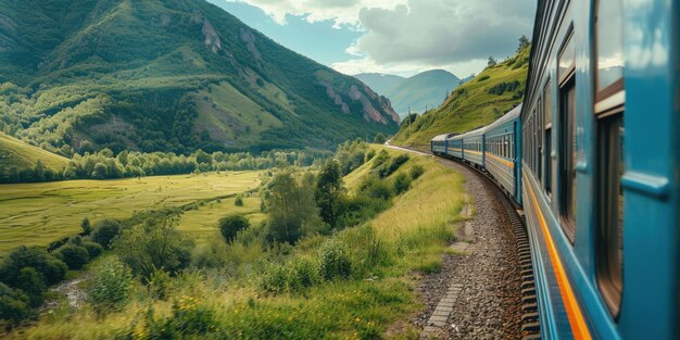 Photo a passenger train travels through a lush green mountainous landscape showcasing scenic beauty and the adventure of rail travel