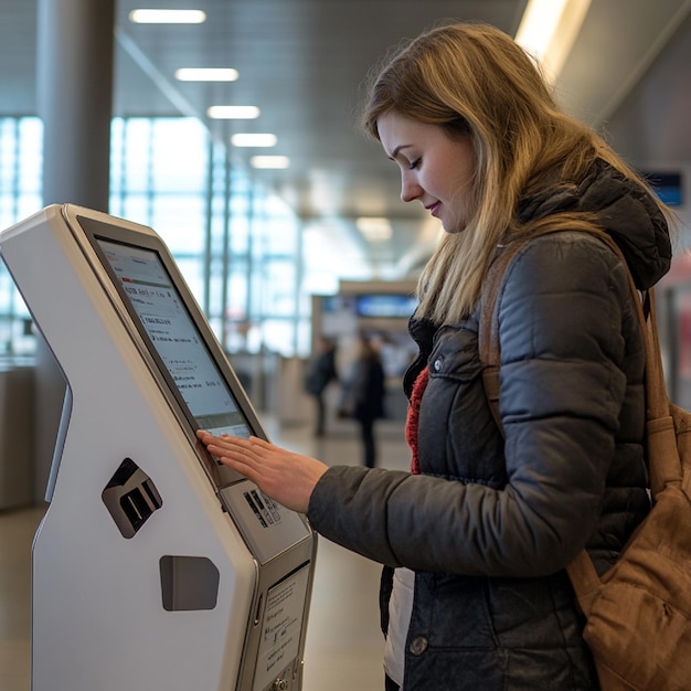 Photo a passenger using a shared kiosk at an airport for an airline alliance member