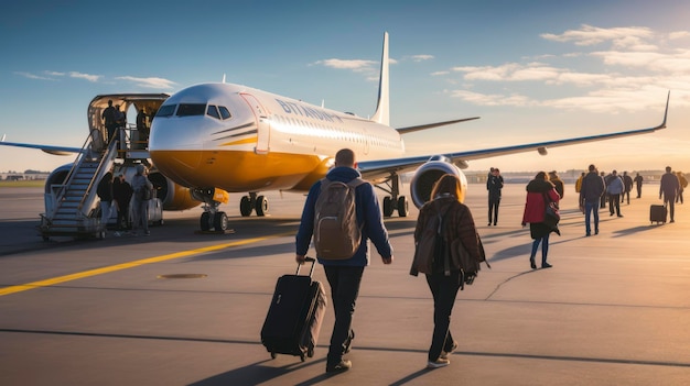 Passengers boarding an airplane at an airport during sunset