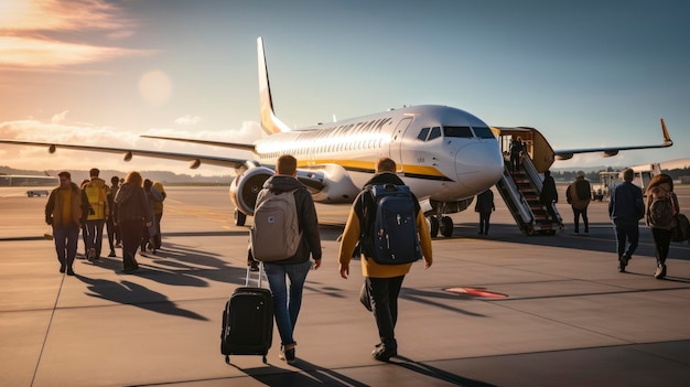 Passengers boarding an airplane at an airport during sunset