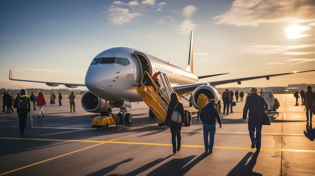 Passengers boarding an airplane on a sunny airport runway during sunset