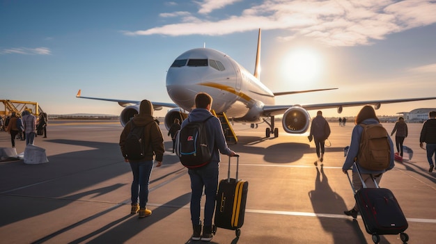 Passengers boarding an airplane during sunset at an airport