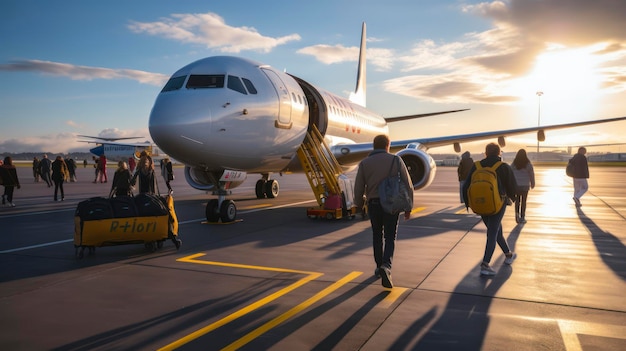 Passengers boarding an airplane at sunset on a busy airport tarmac