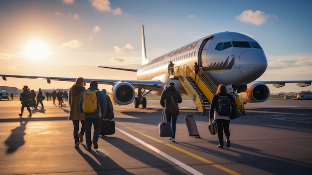 Photo passengers boarding a plane at sunset creating a travel atmosphere