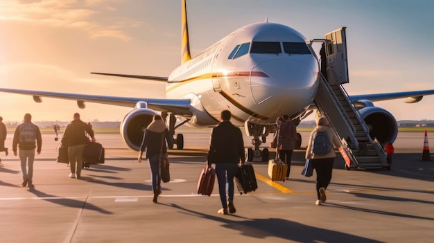 Photo passengers boarding a plane with luggage during sunset at an airport