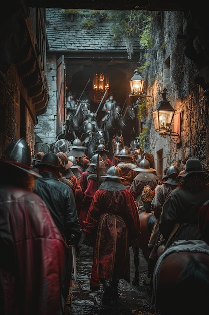 Passengers exiting an elevator into a medieval jousting tournament with knights and horses