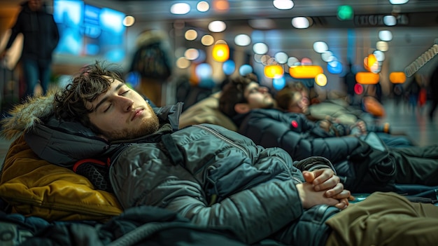 Passengers make the best of a delayed flight by catching up on sleep turning the terminal into