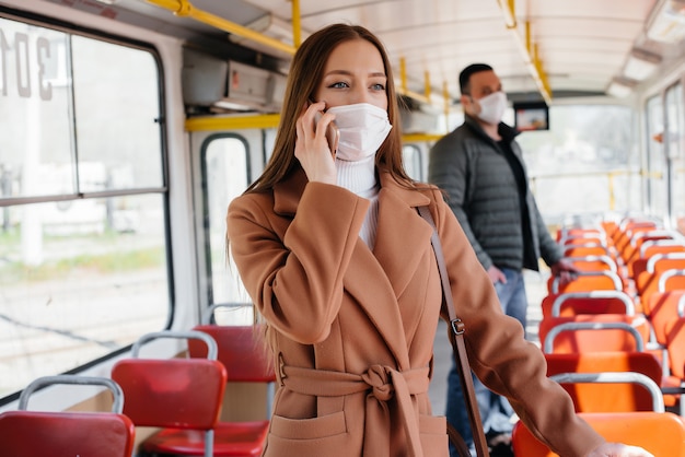 Passengers on public transport during the coronavirus pandemic keep their distance from each other. Protection and prevention covid 19.