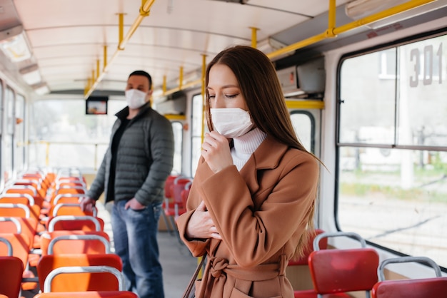 Passengers on public transport during the coronavirus pandemic keep their distance from each other. Protection and prevention covid 19.