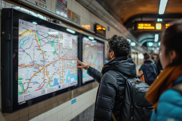 Photo passengers studying a metro map display in an underground station