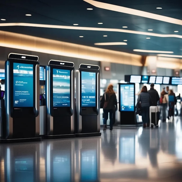 Photo passengers using ai selfservice kiosks for checkin efficient checkin with ai kiosks