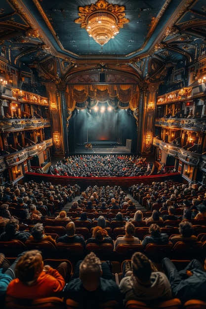 Passengers watching a live performance in a grand theater with elegant decor and comfortable seating