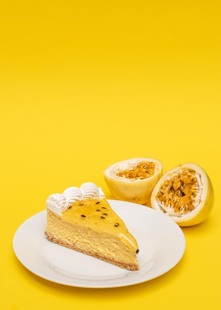 Passion fruit cheesecake on a white background