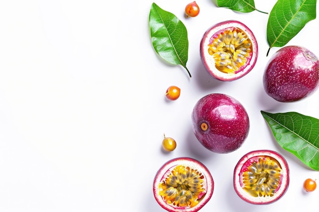 Passion Fruit and Half Fruit with Leaves Isolated on White Background