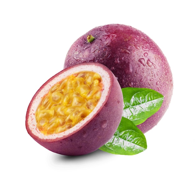 Passion fruit and half fruit with leaves isolated