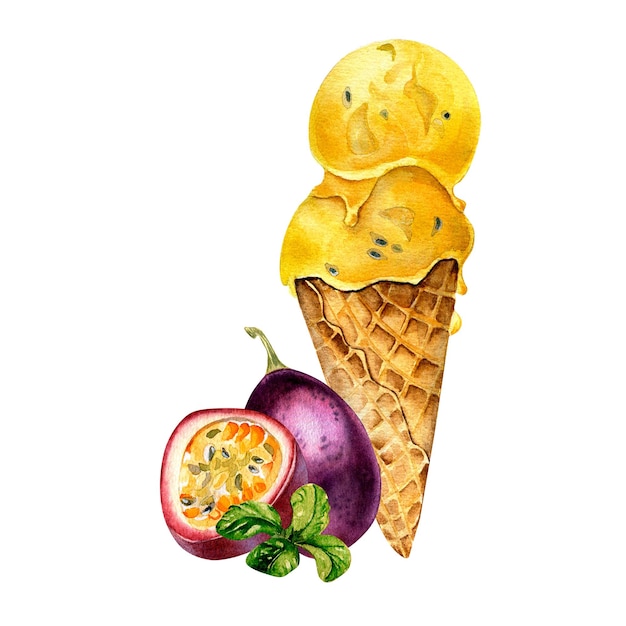 Passion fruit ice cream in waffle cone watercolor illustration isolated on white background