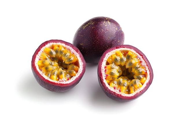 Passion Fruit Isolated on White Background Whole and Cut Open