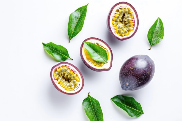 Passion fruit leaves on white background isolated Viewed from the top