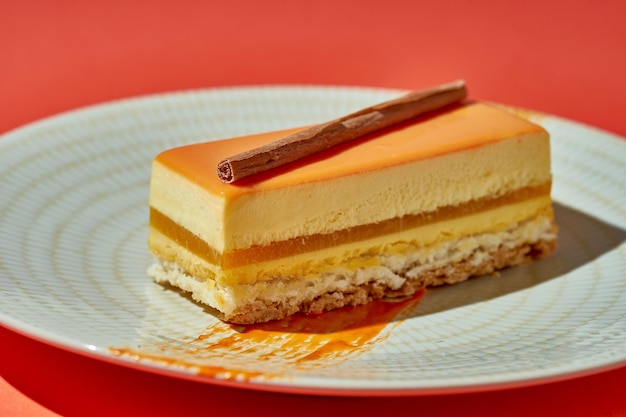 Passion fruit and mango mousse cake in a plate on an orange background Monochrome food poster