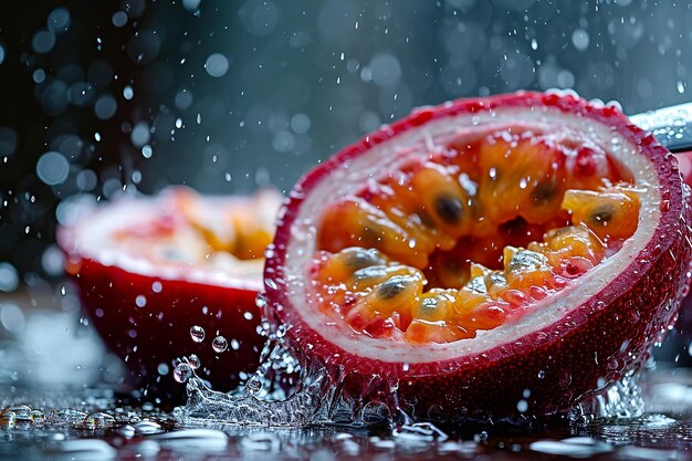 passion fruit slices with knife and water drops and splashes on natural background