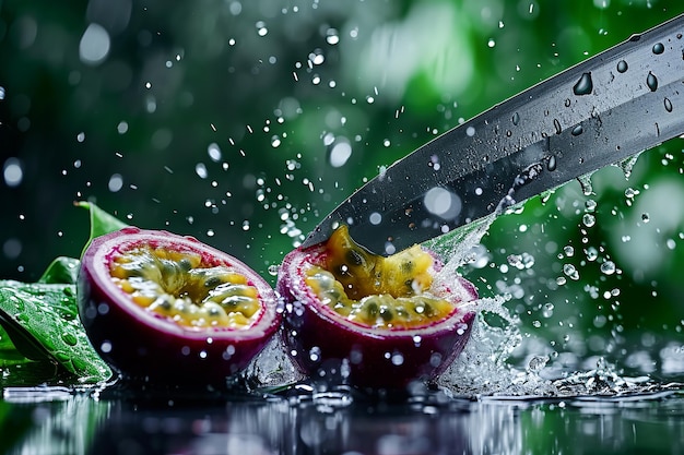 passion fruit slices with knife and water drops and splashes on natural background