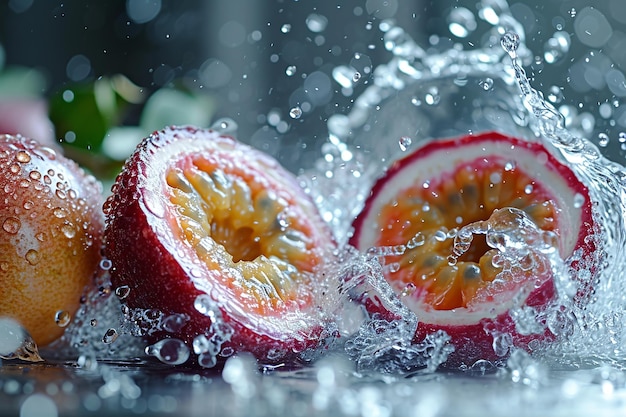 passion fruit slices with knife and water drops and splashes on natural background