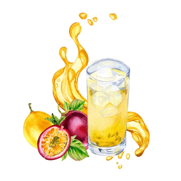 Passion fruit smoothies and splash juice watercolor illustration isolated on white