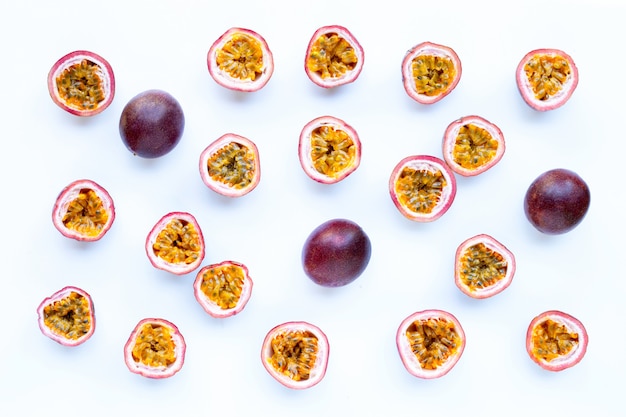 Passion fruit on white background.